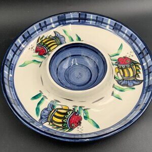 Vintage P Boatman Pottery Fish Round Shrimp Dip Serving Bowl 13" Signed & Dated